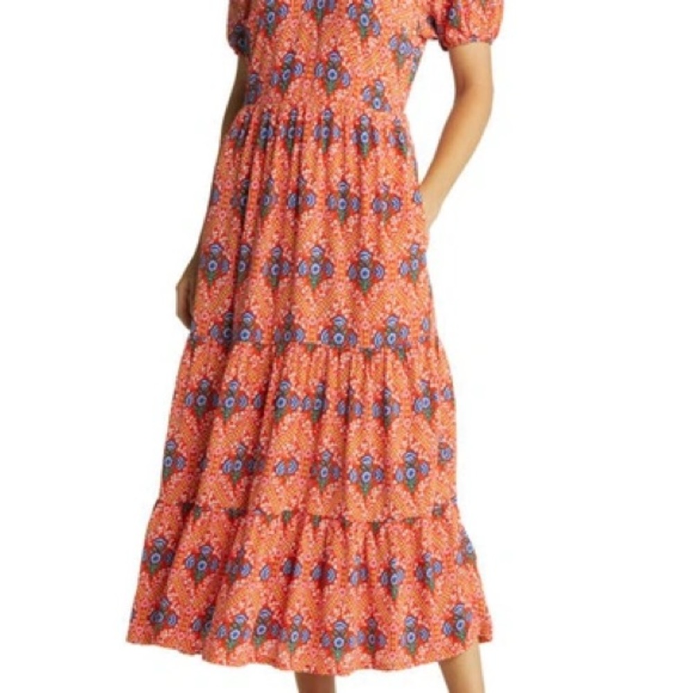 Boden Red Orange Floral Tiered Midi Dress with Pockets
